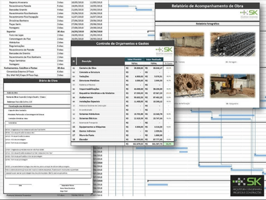 Gráficos e planilhas mostrando o monitoramento financeiro, a economia e eficiência. diario de obra e os resultados apresentados semnanalemte
