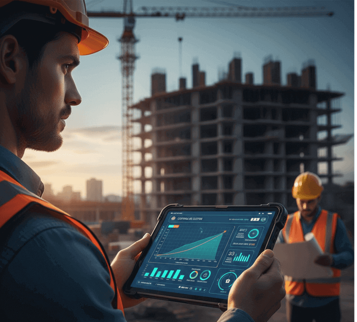 Engenheiro civil no canteiro de obras analisando o dashboard de controle e orçamento de custos em tablet